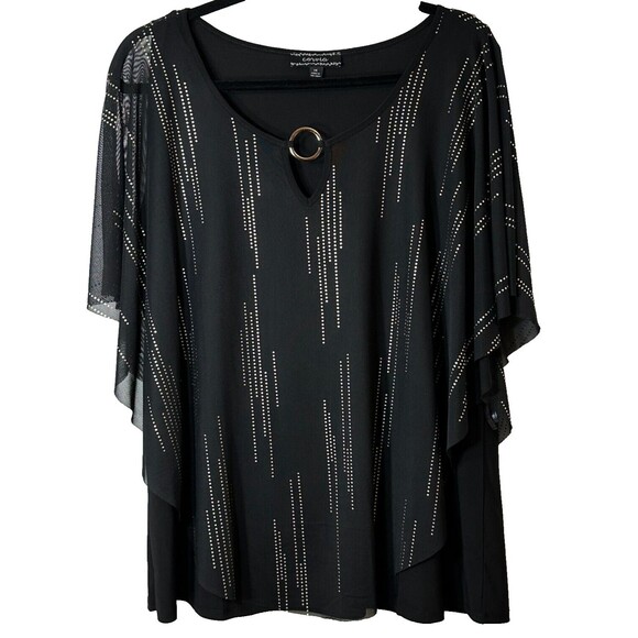 Corvia Top Women’s 1X BLK Sleeveless Metallic Flowy Cape Keyhole Party Blouse - Picture 1 of 13